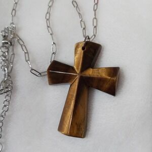 Natural tiger eye stone cross Necklace